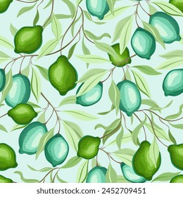 Seamless pattern with lime branches and foliage. Fruits with
green and minty hues. Pattern design