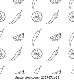 Seamless pattern with lime and chillies, outline hand drawn.