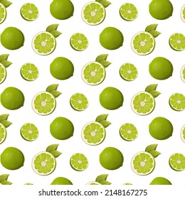 Seamless pattern lime citrus fruit vector illustration. Slices and whole with leaves. Vitamin summer healthy food on isolated transparent background for packaging, wrapping paper, textile, gift