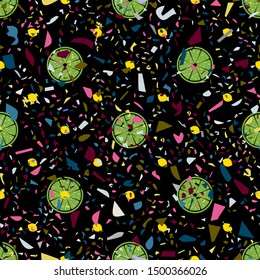 Seamless pattern of Lime with colored stones on a black background