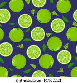 Seamless Pattern with Lime. Fresh Citrus Fruit Background with Green Petals. Stylized Slice and Flesh of Lime. Seamless Pattern with Vector Lime for Tablecloth, Paper, Fabric, Textile.