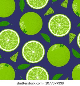 Seamless Pattern with Lime. Fresh Citrus Fruit Background with Green Petals. Stylized Slice and Flesh of Lime. Seamless Pattern with Vector Lime for Tablecloth, Paper, Fabric, Textile.