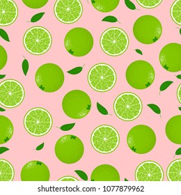 Seamless Pattern with Lime. Fresh Citrus Fruit Background with Green Petals. Stylized Slice and Flesh of Lime. Seamless Pattern with Vector Lime for Tablecloth, Paper, Fabric, Textile.