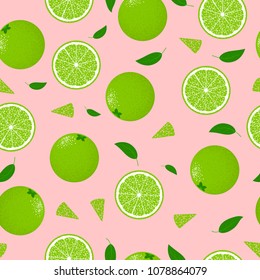 Seamless Pattern with Lime. Fresh Citrus Fruit Background with Green Petals. Stylized Slice and Flesh of Lime. Seamless Pattern with Vector Lime for Tablecloth, Paper, Fabric, Textile.