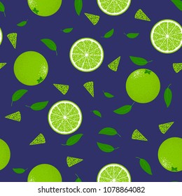 Seamless Pattern with Lime. Fresh Citrus Fruit Background with Green Petals. Stylized Slice and Flesh of Lime. Seamless Pattern with Vector Lime for Tablecloth, Paper, Fabric, Textile.