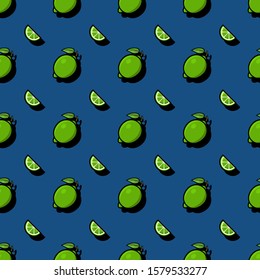 Seamless pattern with lime. Green citruses on classic blue background. Endless vector background with tropical fruits. Design for kitchen or bar print, fabric, textile, texture. 