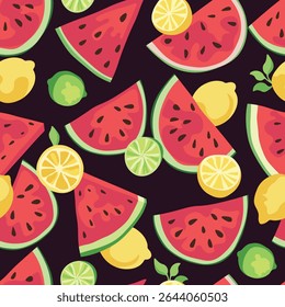 Seamless pattern with lime, lemon, and watermelon on dark chocolate background. Hand-drawn fruity vector design for textiles, wrapping paper, and kitchen decor.