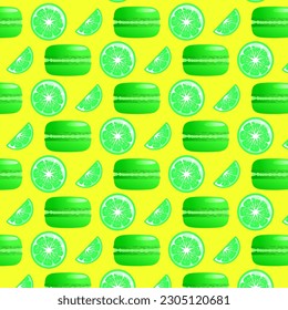 Seamless pattern lime macarons and lime slice. Gradient macarons. Vector traditional french cookies in cartoon style.Vector illustration.