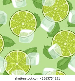 Seamless pattern with lime, mint and ice. Summer pattern with fresh citrus fruit on light green background.