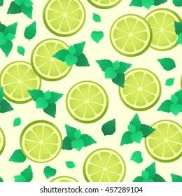 Seamless pattern with lime and mint leaves. Mojito retro vector background