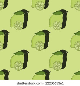 Seamless pattern with lime on green background. Vector illustration in the style of flat with broccoli and slice of red fish. Print for kitchen wallpaper.