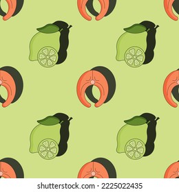 Seamless pattern with lime and salmon on green background. Vector illustration in the style of flat with lime and slice of red fish. Print for kitchen wallpaper.