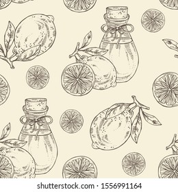 Seamless pattern with lime, lime slice and bottle of lime essential oil. Cosmetic, perfumery and medical plant. Vector hand drawn illustration.