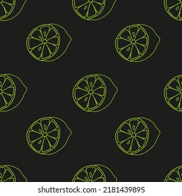 Seamless pattern with lime slices drawn with green marker on black paper. Beautiful and creative neon citrus background. Vector illustration with fresh juicy lemons.