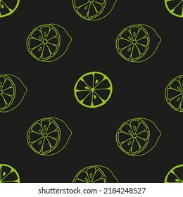 Seamless pattern with lime slices drawn with green marker on black paper. Beautiful and creative neon citrus background. Vector illustration with fresh juicy lemons.