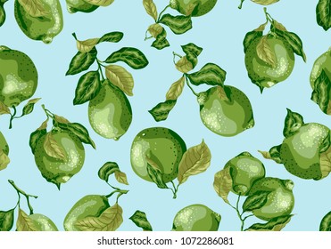 Seamless Pattern of limes amd lemon fruits. There are leaves and fruits on the branches. Pattern made in vintage style im green colors