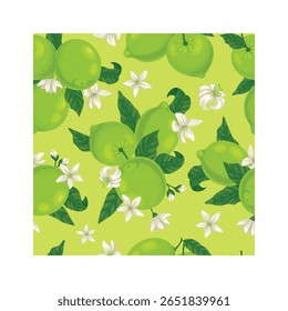 Padrão contínuo com limas e flores crescendo em fundo verde claro, perfeito para a criação de tecidos, papel de embrulho, papéis de parede e outros projetos de design