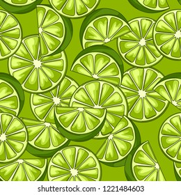 Seamless pattern with limes. Fresh healthy juice. Green stylized citrus fruits whole and slices.