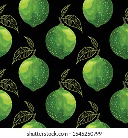 Seamless pattern with limes and leaves. Stylized green lime. Wallpaper, print, paper, textile design, wrapping paper. Vector illustration.