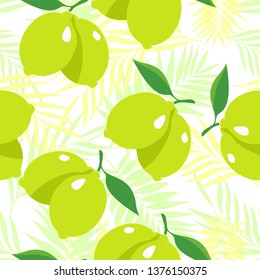 Seamless pattern with limes on tropical leaves background. Vector illustration