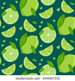 Seamless pattern with limes. Texture with citrus fruits in cartoon style.