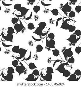Seamless pattern with linden branches on white background. Silhouettes.