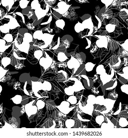 Seamless pattern with linden branches on black background. Line art and silhouettes.