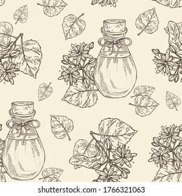 Patrón sin foco con flor de tilo y botella de aceite esencial de tilo. Cosmética, perfumería y planta médica. Ilustración dibujada a mano por vectores.
