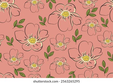 Seamless pattern, line art, abstract, floral pattern, big flowers, hand drawn, leaves, endless, all over print to use textile, fabric, clothing, backdrop, wallpaper, home textile, clothing