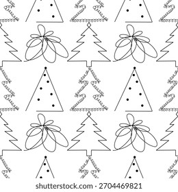 Seamless pattern. Line art of abstract Christmas trees with ornaments