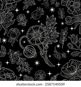 Seamless pattern with line art botanical elements, leaves, peony, rose and poppy flowers, stars against black background. Vintage floral illustration. 