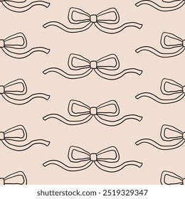 Seamless pattern with line art bows. Vector outline background with ribbons in retro style. Coquette and ballet core