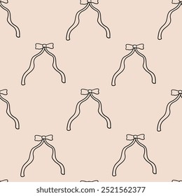Seamless pattern with line art bows. Vector outline background with ribbons in retro style. Coquette and balletcore