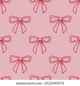 Seamless pattern with line art bows. Vector outline background with ribbons in retro style. Coquette and ballet core