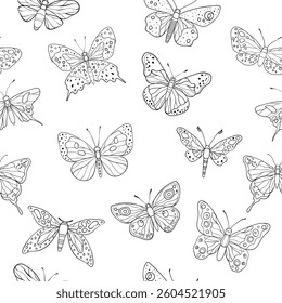 A seamless pattern of line art butterflies with intricate wing patterns, showcasing a variety of artistic and natural designs, vector illustration