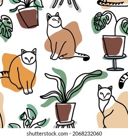 Seamless pattern of line art cats and tropical plants. Vector  backround with cute pets.