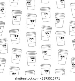Seamless pattern of line art coffee cup. Cartoon grey characters in trendy retro style on white background. Vector illustration