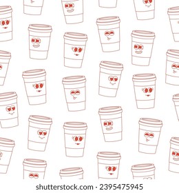 Seamless pattern of line art coffee cup. Cartoon red characters in trendy retro style on white background. Vector illustration