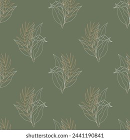 Seamless pattern, line art of contour flowers on a green background. Background, textile, vector