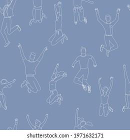Seamless pattern with line art crowd of young happy people in jumping poses with hands up.