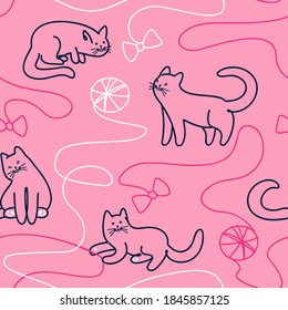 Seamless pattern line art of cute cats playing with a ball of thread. Contour drawing of cute funny cats. Cute kitten vector. Flat vector illustration.