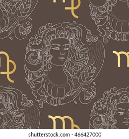 Seamless pattern with line art of decorative zodiac sign Virgo Libra Leo Scorpio Gemini Cancer Taurus Aries Pisces  Aquarius Capricorn Sagittarius on dark background. 