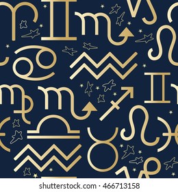 Seamless pattern with line art of decorative zodiac sign Virgo Libra Leo Scorpio Gemini Cancer Taurus Aries Pisces  Aquarius Capricorn Sagittarius and stars on dark background. 