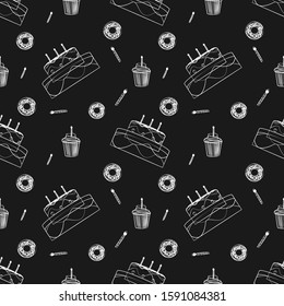 

seamless pattern line art with design illustrations of cake sketches, birthday cakes and candles that are simple and unique. black background. for birthday wallpapers and graphic design needs. print