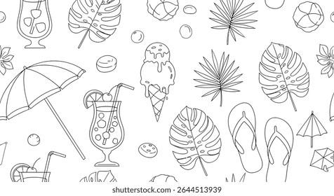 Seamless pattern with line art drawings of tropical leaves, cocktails, ice cream, beach umbrellas, flip flops and other summer themed elements.