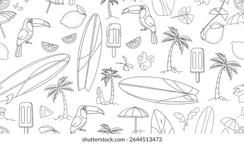 Um padrão perfeito de arte em linha com tucanos, pranchas de surfe, palmeiras, limões, picolés e guarda-chuvas de praia.