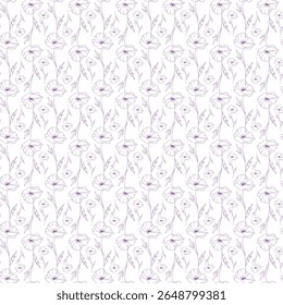 Seamless Pattern of Line Art Flowers on White Background 