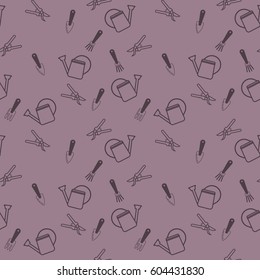 Seamless pattern with line art garden tools on light violet background. Vector illustration.
