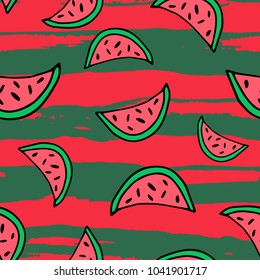 Seamless pattern with line art hand drawn isolated cute watermelons in doodle style. Sweet fruits. Vector illustration.