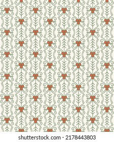 Seamless Pattern with Line Art Holly Leaves and Berries in Retro Colors. For winter holidays wrapping paper, decoration, background, fabric, etc.